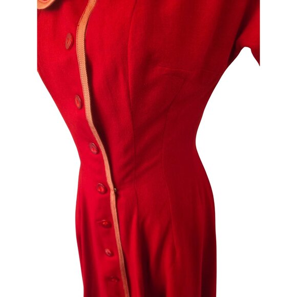 Vintage 50s Joan Miller Juniors Red Wool Dress Sz S Button Front Peach Trim - Picture 5 of 7